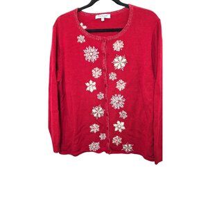 Coldwater Creek Women's 2X Holiday Red Cardigan Sweater Snowflake Embellished